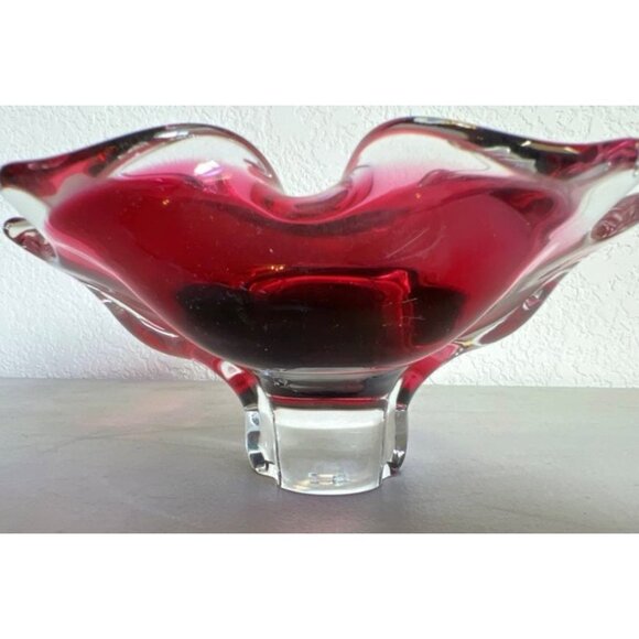 Vintage Bohemia Crystal Red & Clear Art Glass Bowl Made In Czechoslovakia Ruffle - Picture 2 of 9